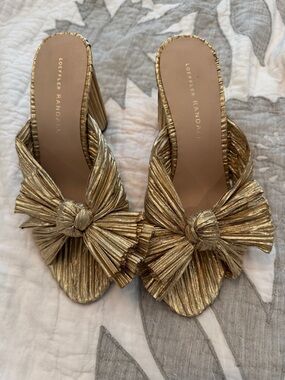 Loeffler Randall metallic gold bow heels